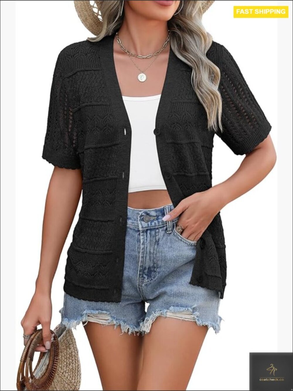 Crochet Short Sleeve Cardigan V Neck Cropped Lightweight Button Up Bolero Shrug